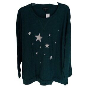Lane Bryant NWT Green Silver Glitter Star Print Long Sleeve Round Neck Top SZ 22